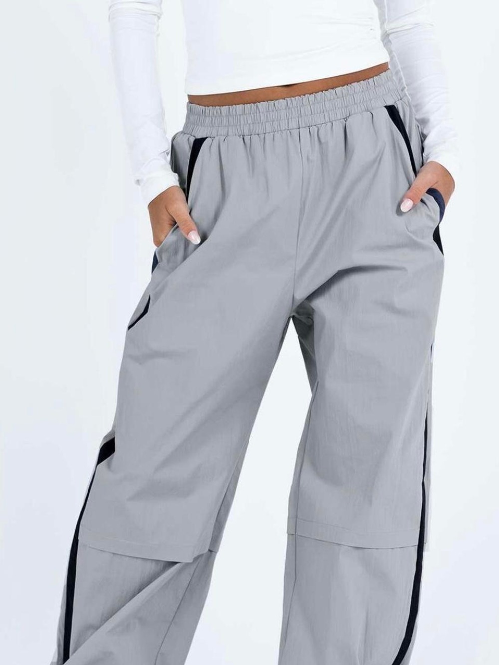 Princess Polly Cayman Pants - Light Gray Wide-Leg Track Pants with Navy Trim